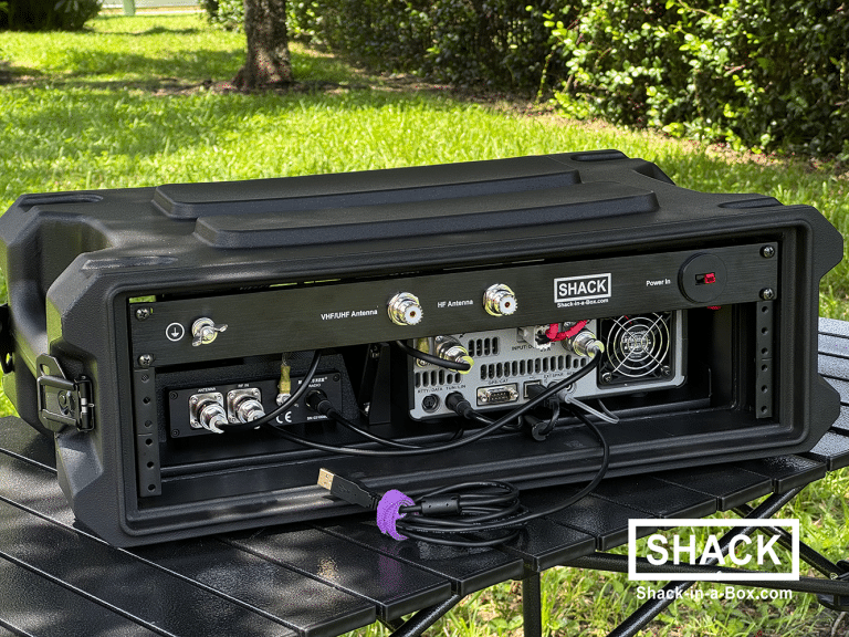 Rear I/O panel of the HVU1-991A Go Box with HF and VHF/UHF antenna connectors and 12V power input