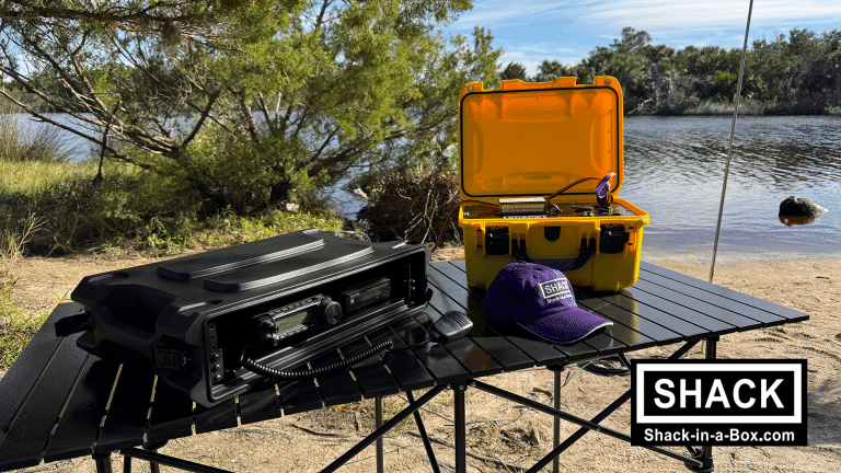 HF1-891 HF go box with Yaesu FT-891 transceiver on a camp table
