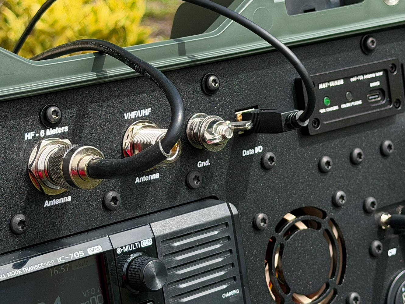 Close-up of the IC-705 Grab-and-Go Box I/O panel showing antenna connectors, ground lug, and USB Data I/O port.