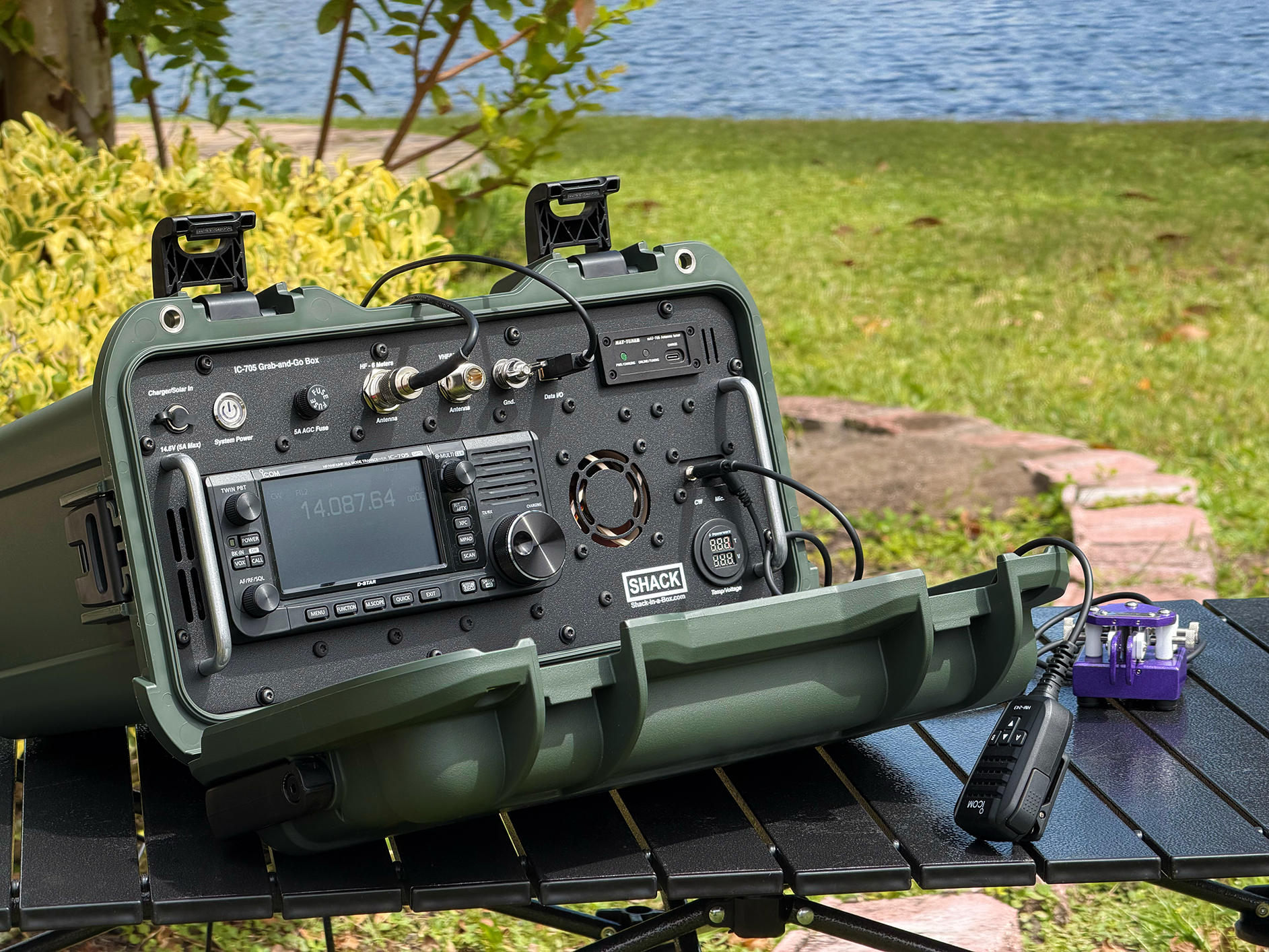IC-705 Grab-and-Go Box with N3ZN CW Paddle on a camp table.